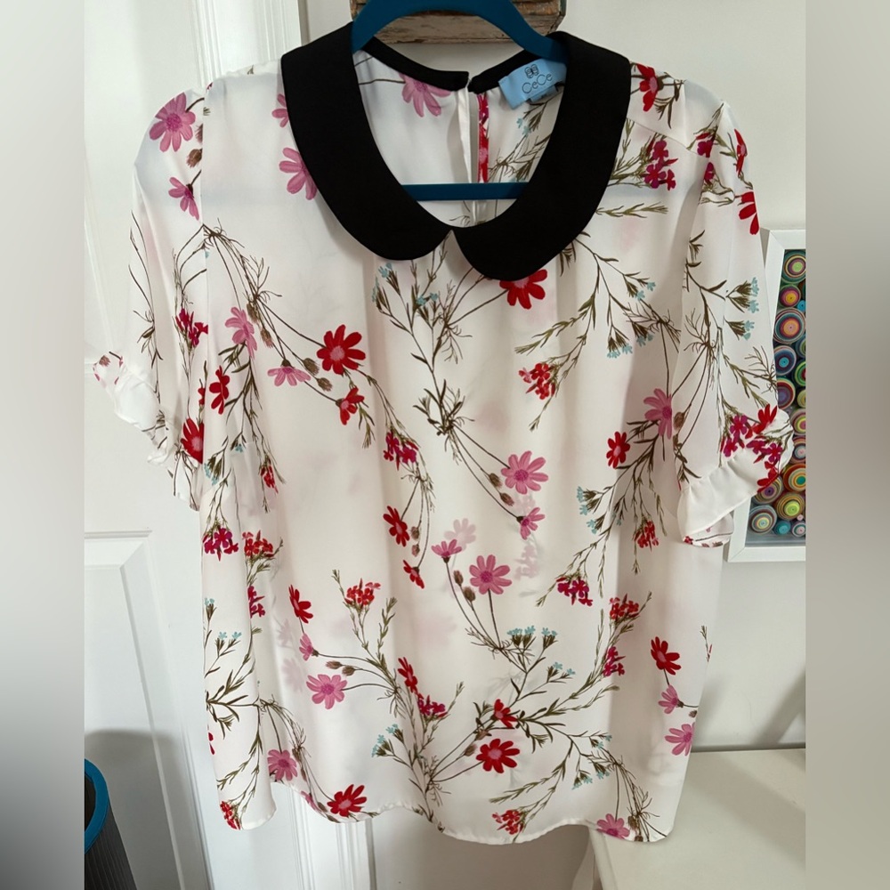 CeCe Floral Blouse with Black Peter PanCollar 2X